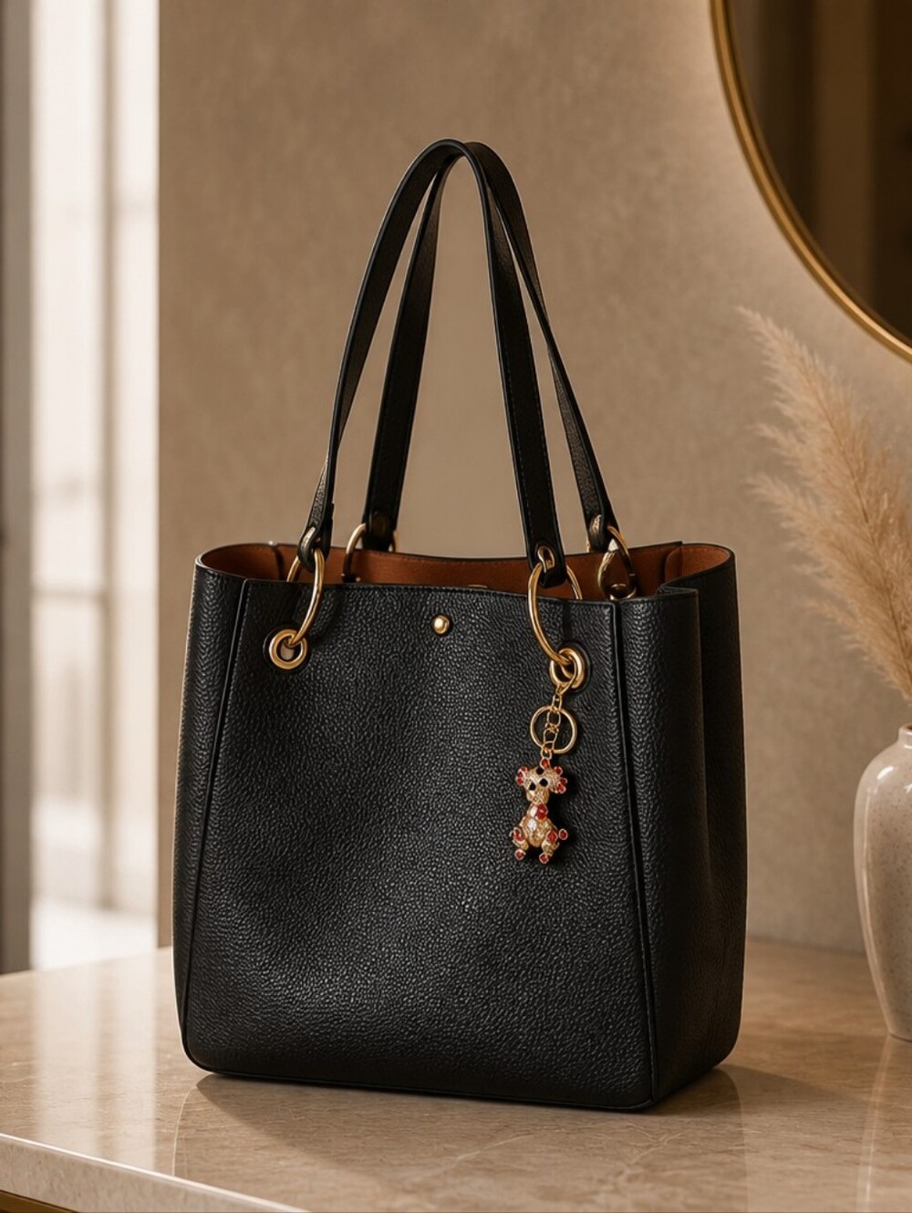 Classic Black Tote Bag with Gold Hardware - Women's Handbag